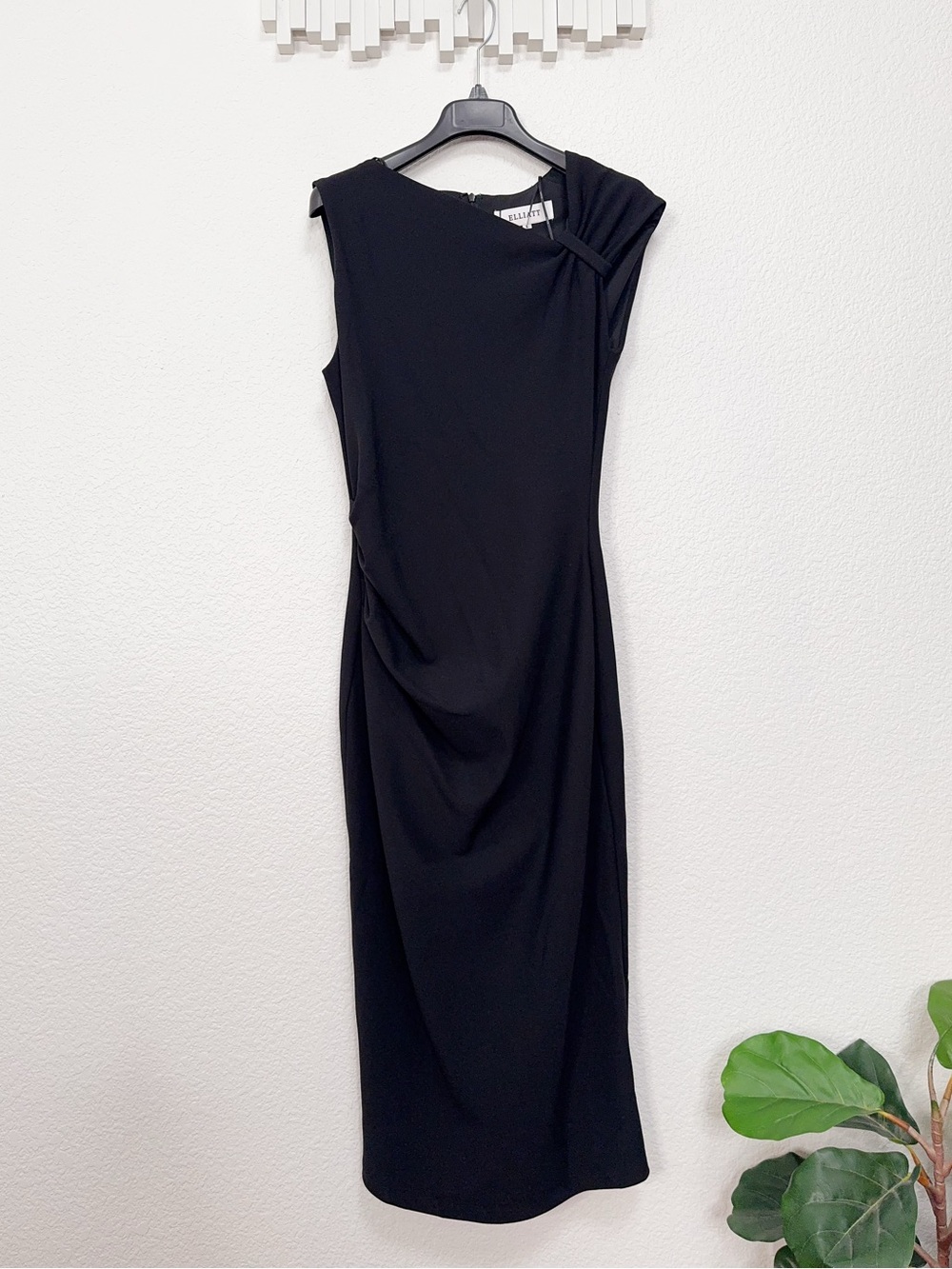 ELLIATT Jada Midi Dress Black Draped Ruched Sleeveless Dress